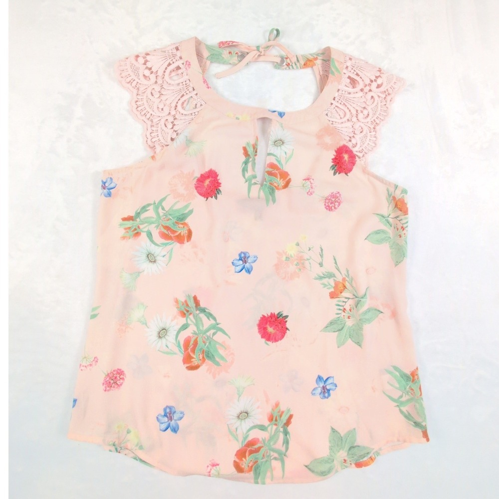 Express Womens Pink Floral Crochet Lace Trim Keyhole Tie Back Blouse Top Small